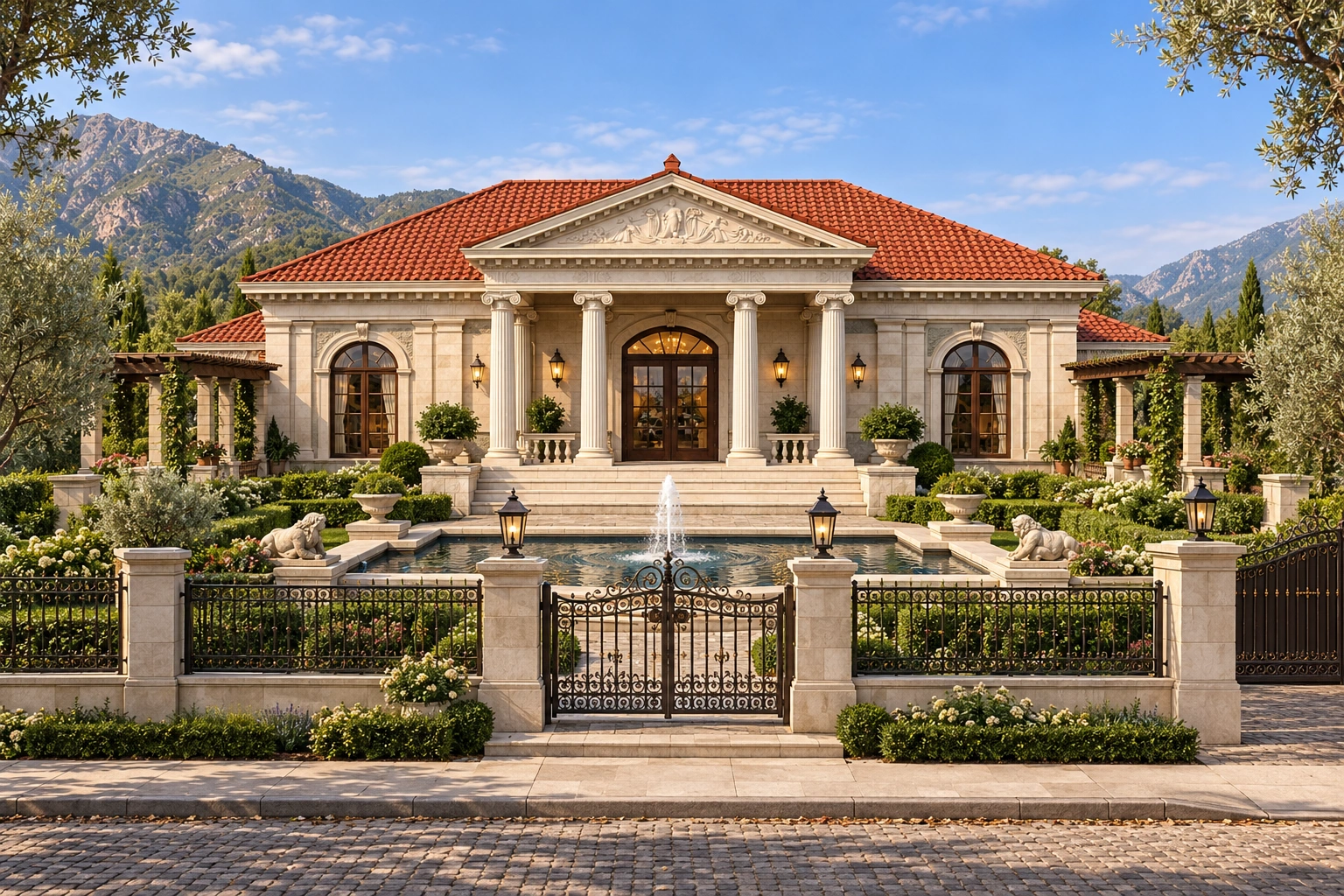 Classical Villa design concept with stone boundary wall and elegant metal grille railings