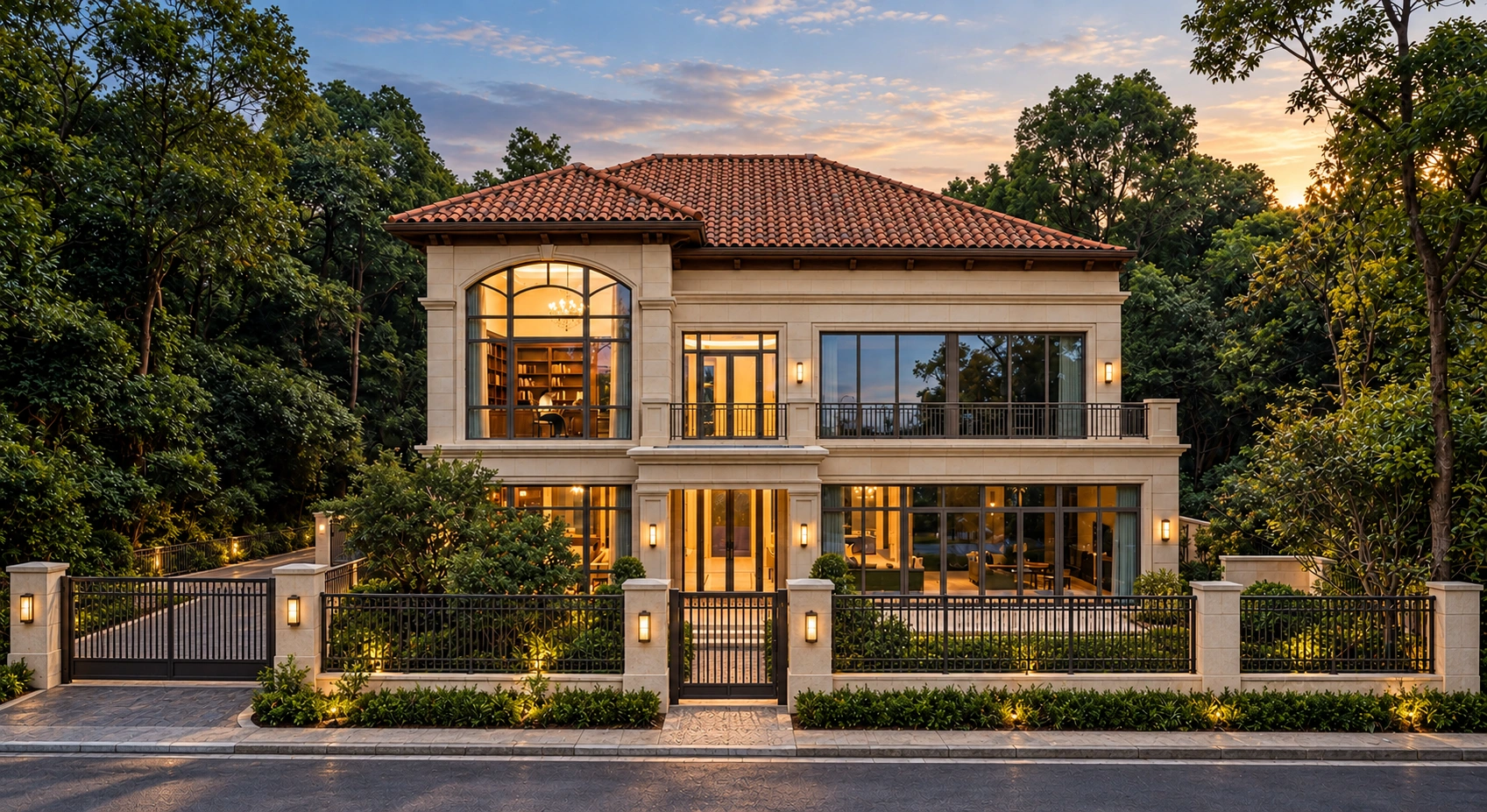 Modern Villa design concept with stone boundary wall and elegant metal grille railings